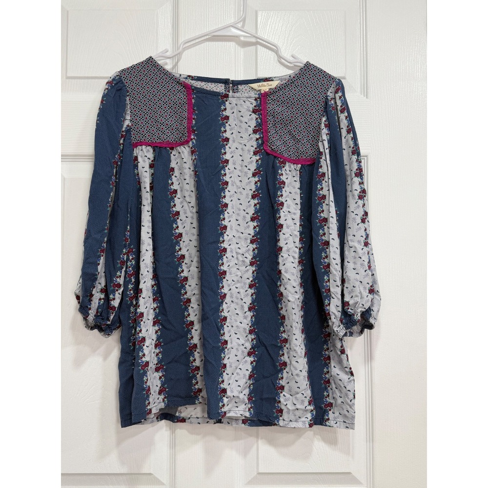 Matilda Jane Womens Blue Floral‎ Mixed Print Boho Rayon Blouse Size S